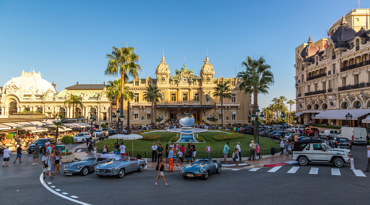 Grand Casino in Monte Carlo surrounded by antique supercars